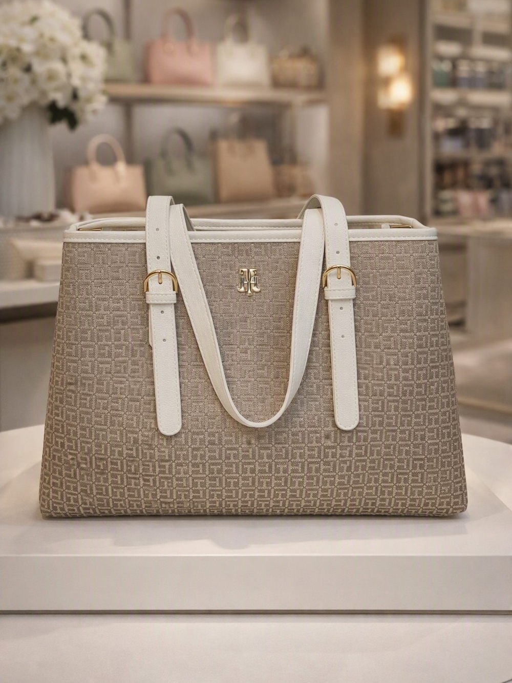 NWT Tommy Hilfiger Gold Monogram Woven Fabric Tote Bag White Leather Straps